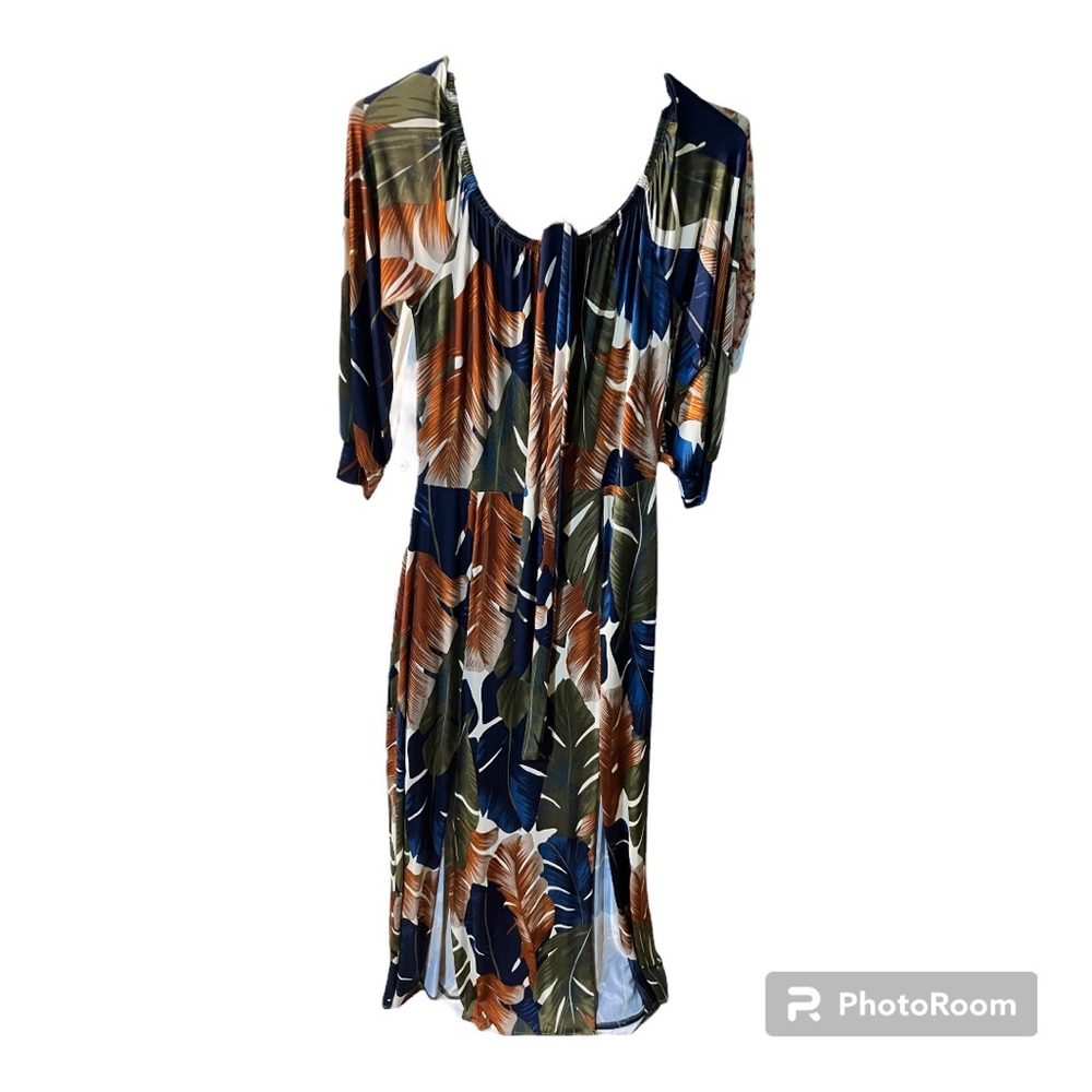 Tropical Print Maxi Dress 3/4 sleeves with Tie Belt